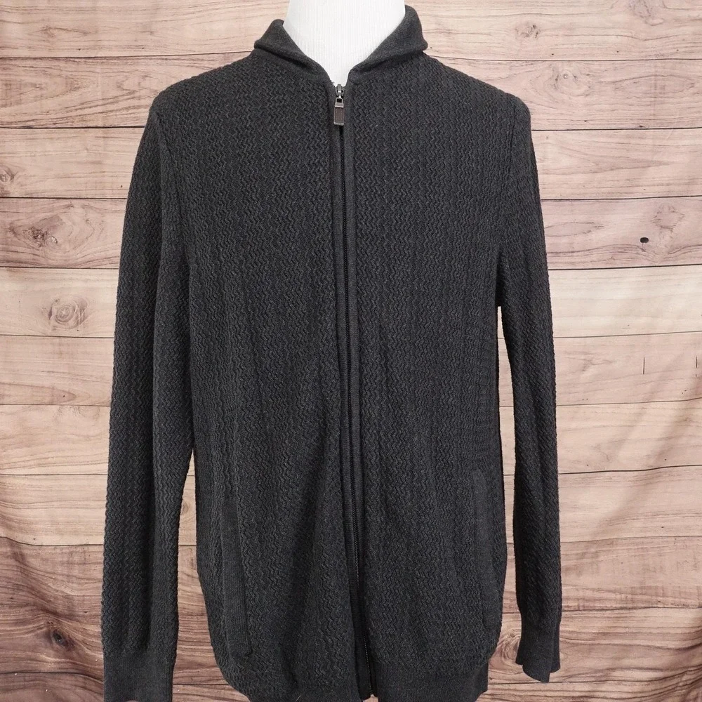 Tasso Elba Sweater Mens L Gray Mock Neck Full Zip Cotton Knit Pockets Cardigan